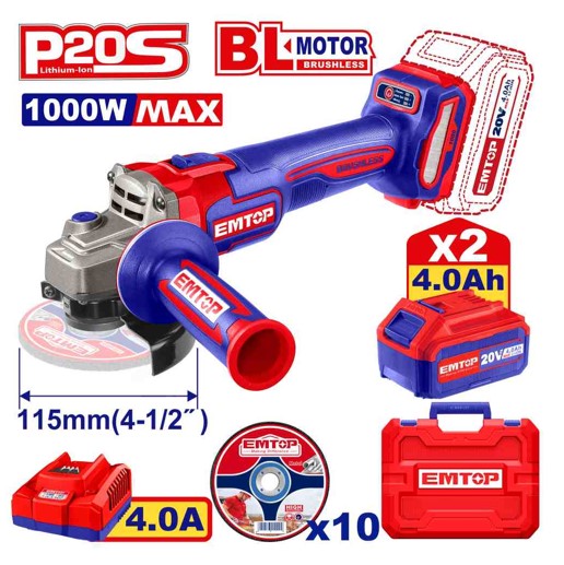 Brushless 20V Cordless Angle Grinder 1000W 3000/6000/9000rpm 115mm Disc M14 Spindle with 10pc Cutting Disc Set 2x4.0Ah Batteries Fast Charger Carry Case